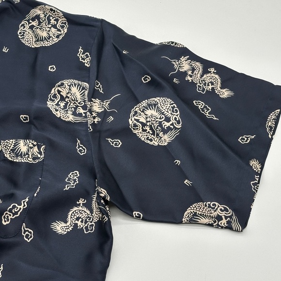 100% Silk Mens Blue Silver Polo Dragon Satin Button Front Shirt, 46” chest XXL - Picture 4 of 8